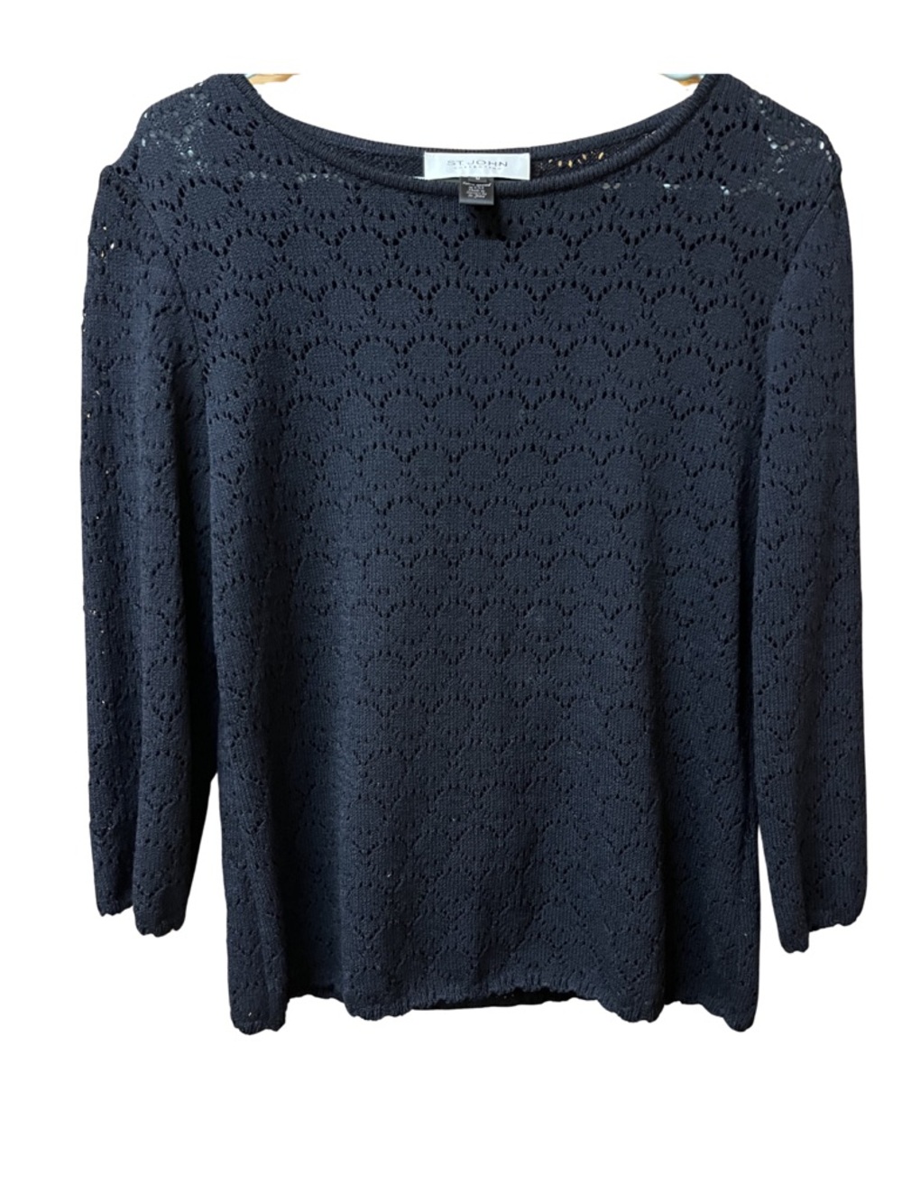 St John Collection Black Knit Top Medium Openwork 3/4 Sleeve